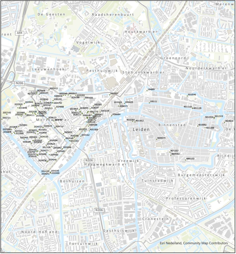 Kaart met in 2026 te kappen bomen in met name het Morskwartier